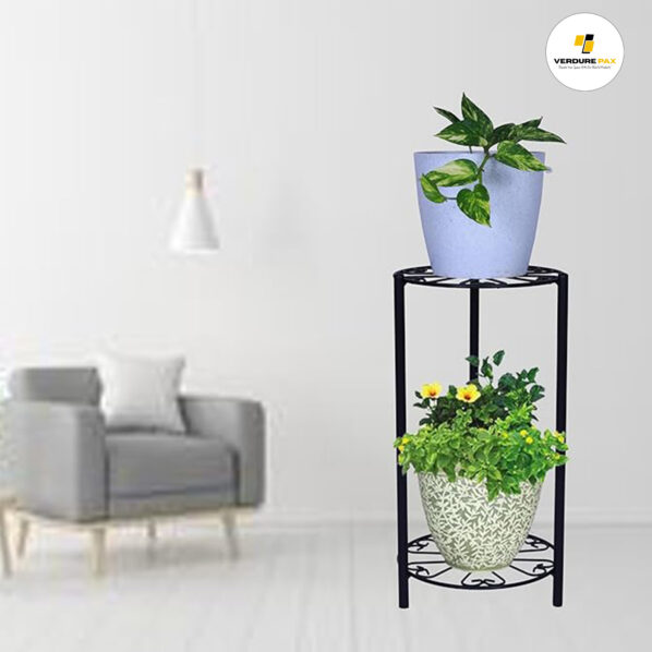 Verdure Pax 2-Tier Iron Tulsi Plant Stand For Home Entrance | Flower Pot Holder For Balcony And Garden Décor | Water Dispenser Stand | Round Design, Black