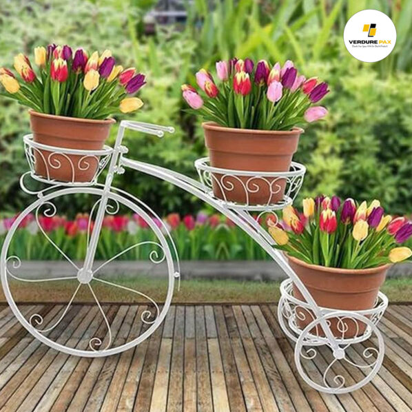 VERDURE PAX Cycle Planter Metal Stand for 3 Pots for Home and Garden Use Flower Pot Holder Stands Shelf Rack Wrought Iron Cycle Planter Stand Balcony (white) - Image 5