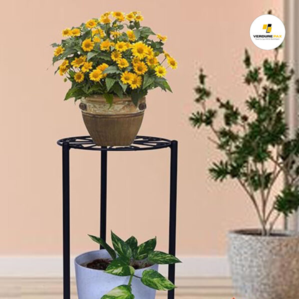 Verdure Pax 2-Tier Iron Tulsi Plant Stand For Home Entrance | Flower Pot Holder For Balcony And Garden Décor | Water Dispenser Stand | Round Design, Black - Image 5