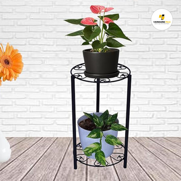 Verdure Pax 2-Tier Iron Tulsi Plant Stand For Home Entrance | Flower Pot Holder For Balcony And Garden Décor | Water Dispenser Stand | Round Design, Black - Image 6
