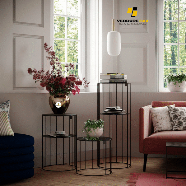 VERDURE PAX Steel plant stands on a Circle base ,Flower stand, Plant Rack, Plant Support, Industrial style, Book shelf Black Color - Image 2